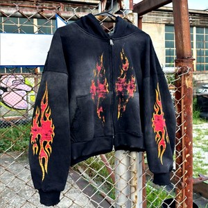 Hoodies zippés pour hommes, coupe courte, graphiques personnalisés DTG, style streetwear, coupe ample et carrée, effet délavé soleil, effet usé, grammage lourd 500 g/m² - Product Image 1