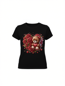 T-shirt da donna con stampa di orsetti e rose per San Valentino, a maniche corte, girocollo, casual, 100% cotone, moda primavera estate - Product Image 1