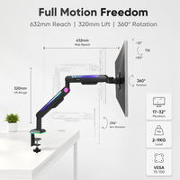 Support de moniteur unique noir esthétique RGB avec 33 modes réglables et éclairage à mémoire pour espace de travail gaming e-sport