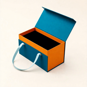 Boîte cadeau rigide premium avec poignée, couleur orange et bleue, impression UV personnalisée, carton rectangulaire pour emballage - Product Image 3