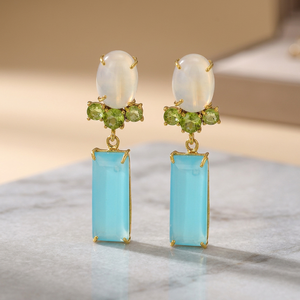 Solid .925 Sterling <b>Silver</b> Prong Setting <b>Stud</b> <b>Earrings</b> Trendy Rainbow Moonstone Peridot Aqua Chalcedony Gold Plated Anniversary - Product Image 3