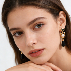 Boucles d'oreilles en argent sterling pour femmes, élégantes, rétro, tendance, géométriques, imitation perle, agate noire - Product Image 3