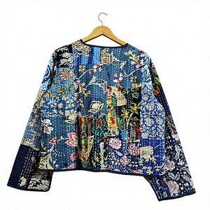 Quilted <b>Jacket</b> <b>Women</b> Mandarin Collar Three Quarter Sleeve Geometric Print Cotton Autumn Outerwear Hand Embroidered gift for her - Product Image 4