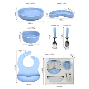 Silicone Baby Feeding <b>Set</b> With Bowl Plate Bib Fork Spoon Light Blue 0-12 Months - Product Image 1