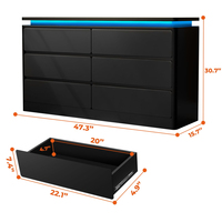 Commode noire à 6 tiroirs à profil incurvé pour chambre à coucher, commode de 47.2 "de long avec station de charge et lumières LED