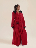 Peignoir de couple festif et chaud à capuche, rouge et noir contrastant, avec bordure en sherpa, long et moelleux, idéal pour hôtel, spa, maison, vacances, douche