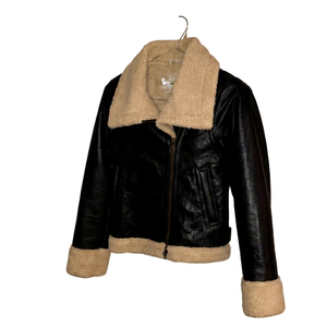 Veste en cuir noir pour homme avec col en fausse fourrure et fermeture éclair - Product Image 1