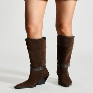 Big Size 46 High Wedge Heels Pointed Toe Shoes Metal Belt Buckles Suede Cowboy <b>Boots</b> Women's Flock Knee High Wide Fit Booties - Product Image 2