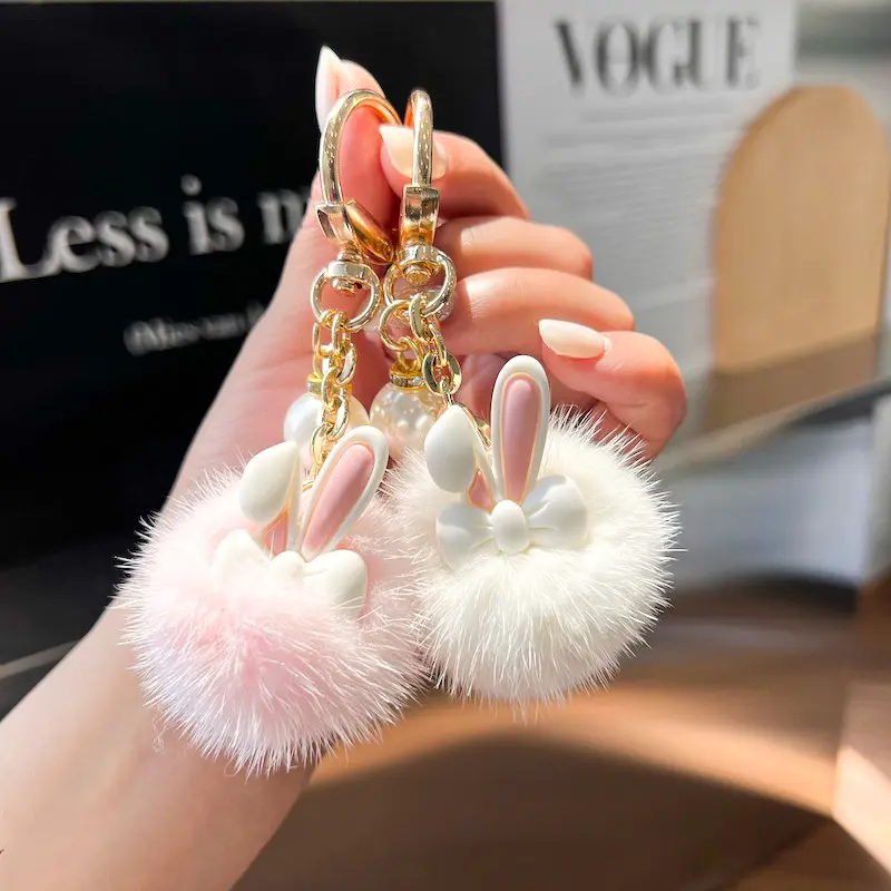 Factory direct plush keychain cute mink hairball rabbit car keychain pendant Instagram plush doll pendant metal key chains