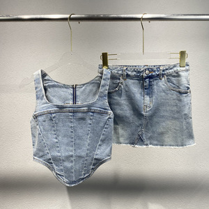 Conjunto de Dos Piezas Estilo Casual de Verano para Mujer, Top Corto Estilo <span class=keywords><strong>Vaquero</strong></span> con Espina de Pescado y Falda Corta - Product Image 5