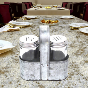 Moderno Set di sale e pepe in <span class=keywords><strong>vetro</strong></span> ecologico con coperchio ribaltabile e supporto in acciaio zincato - Product Image 4