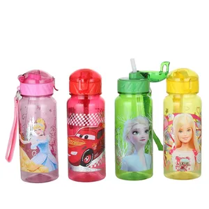Горячая Распродажа, оптовая продажа, детская пластиковая Спортивная бутылка с мультяшным принтом и соломинкой, детская бутылка для воды