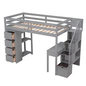 Twin Size Wooden Loft Bed with Storage Drawers <b>Desk</b> and Stairs Gray <b>Shelves</b> for Kids - Product Image 5