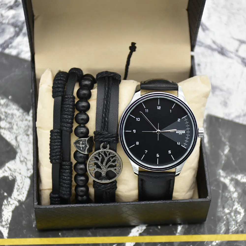5PCS Classic Men Bracelet watch with box set men Clock Gift wrist Watch Leather Watch Sport Quartz Business Wristwatch yazole