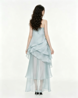 Robe de soirée longue bleu glace Nicecover, style luxe léger, bretelles fines, dos nu, ourlet à volants irréguliers, idéale pour les banquets et les fêtes – Nouvelle collection très prisée