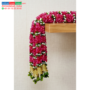 Guirlande de fleurs artificielles roses avec clochettes dorées, toran décoratif suspendu pour mariage, festival, maison, temple - Product Image 6