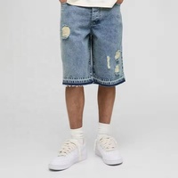 Shorts en jean 14 oz taille haute pour homme avec logo personnalisé, style vintage streetwear, déchirés, délavage foncé, tricotés, brodés, pour l'été