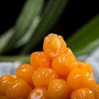 Perles de fruits confits sucrées et acidulées, cerises et prunes séchées, emballées sous vide, procédé de séchage à l'air avec conservation au sirop