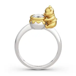 Teddy Bear Cute Rings Bear Holding Honey Pot Round Cut Ring Stainless Steel Bear Ring For Women