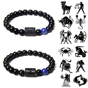 Atacado 12 Signs Zodiac Pedra Natural Beads Pulseiras Astrologia Horóscopo Charme Pulseira Corda Trançada Ajustável Para Homens