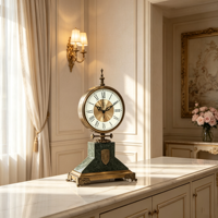 Horloge de table vintage en marbre, cadran en bronze antique avec chiffres romains, mouvement silencieux à quartz, décoration de luxe pour la maison, idéale comme cadeau