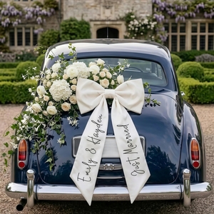Fiocco Personalizzato per <span class=keywords><strong>Auto</strong></span> 'Just Married', Fiocco in Nastro di Raso per Decorazione <span class=keywords><strong>Auto</strong></span> Nuziale, Regalo Personalizzato per Addio al Nubilato e Luna di Miele - Product Image 1
