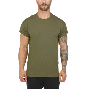 Vente en gros de t-shirts de fitness unis à manches retroussées vert Muscle Fit pour hommes t-shirt slim de sport gym