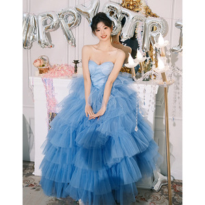 Blue Strapless Tulle Wedding Dress Princess Silhouette Sweetheart Neckline Ball Gown Style For Photography Outdoor Portrait - Product Image 1
