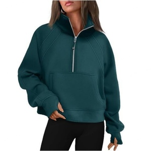 Sudadera deportiva de cachemira cálida para mujer, nueva, con capucha corta y media cremallera, holgada, para yoga, venta al por mayor - Product Image 3