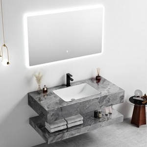 Meuble-lavabo flottant double couche gris CR avec armoire miroir et lavabo intégré 100 cm - Product Image 3