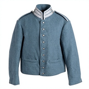 Light Blue 100% Wool Men's <b>Quilted</b> Jacket Stand Collar <b>Single</b> Breasted Winter Uniform Style Outerwear - Product Image 1