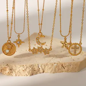 Wholesale Stainless Steel 18K Gold Plated Necklace Cubic Zircon Crystal Moon And Star Simple Necklace for Women
