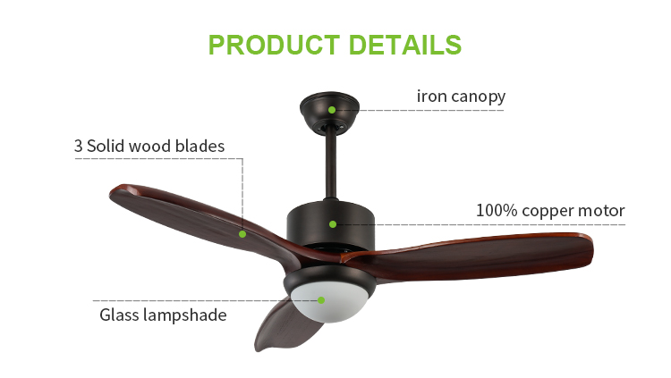 Electric ceiling fan with  ceiling fan 48 solid wood blades led wooden blade