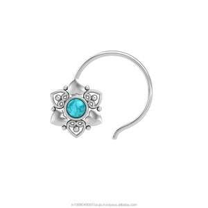 Piercing de nez en argent sterling 925 de forme ronde avec turquoise, style indien, pour femmes et jeunes filles - Product Image 1