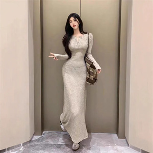 Women's Knit Dress Long Sleeve V Neck Bodycon Mid Length Oatmeal Color Solid Simple Style Spring Autumn 2025 - Product Image 1