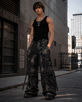 DiZNEW Jeans Cargo Homme Personnalisé Streetwear Cyber Goth à Clous Multi-Sangles avec Accessoires Tête de Mort Coupe Ample Jambe Large en Denim