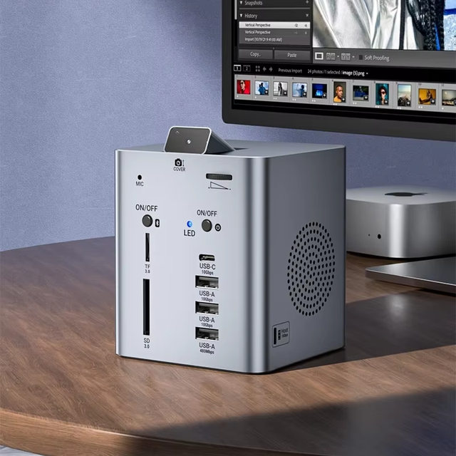 Patented 10-Port USB 3.0 Hub Desktop Docking Station, Built-in 2MP Camera & Dual Speakers, Full Function USB-C Multiport Dock