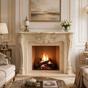 Chimenea tradicional de mármol con tallado ornamentado, de mármol beige Galala, para interiores, con estufa de leña para comedor. - Product Image 1
