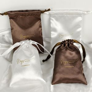 Sacs cadeaux en satin noir personnalisés avec logo, en satin de soie, pour bijoux, bonbons, perruques, extensions de cheveux, emballage, pochettes à cordon pour bijoux - Product Image 5