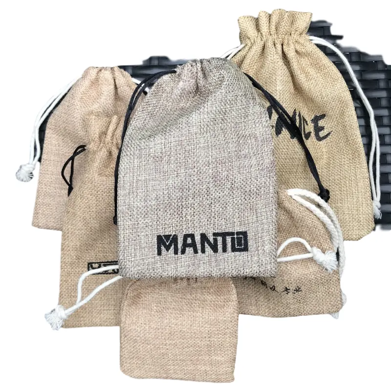 Costume Impresso Sacos De Aniagem De Juta Com Cordão Logotipo Personalizado Pequeno Cânhamo Natural Malotes Presente