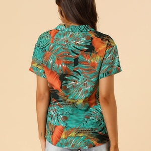 Camisa Hawaiana de Rayón Popelín con Estampado Floral y Hojas Tejidas para Mujer, Manga Corta, Estilo Tropical, con Botones - Product Image 3
