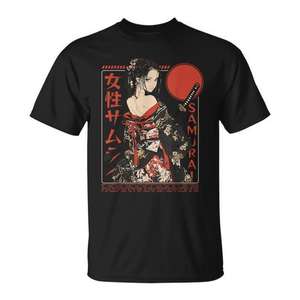 T-shirt unisexe noir pour adulte, motif guerrier samouraï Waifu Girl japonais Ukiyo E Manga - Product Image 1