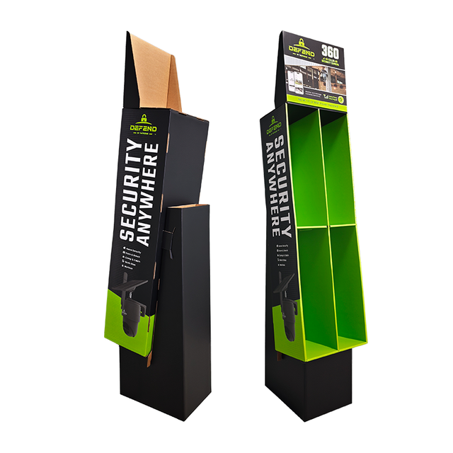 Custom Printed Cardboard Floor Display Stand Defend Security Camera Display | Retail POS Floor Display Rack with 4 Compartments