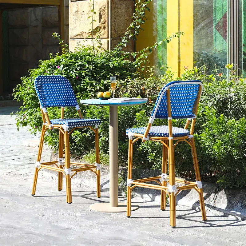Mobiliário de jardim moderno conjunto de café francês, balcão de bistrô, cadeiras altas, cadeiras de alumínio para exterior, cana de bar