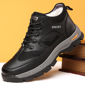 Botas de senderismo de invierno para hombre, forradas de lana, cálidas, informales, para exteriores, con cordones, aislantes, color negro, talla 42 - Product Image 1