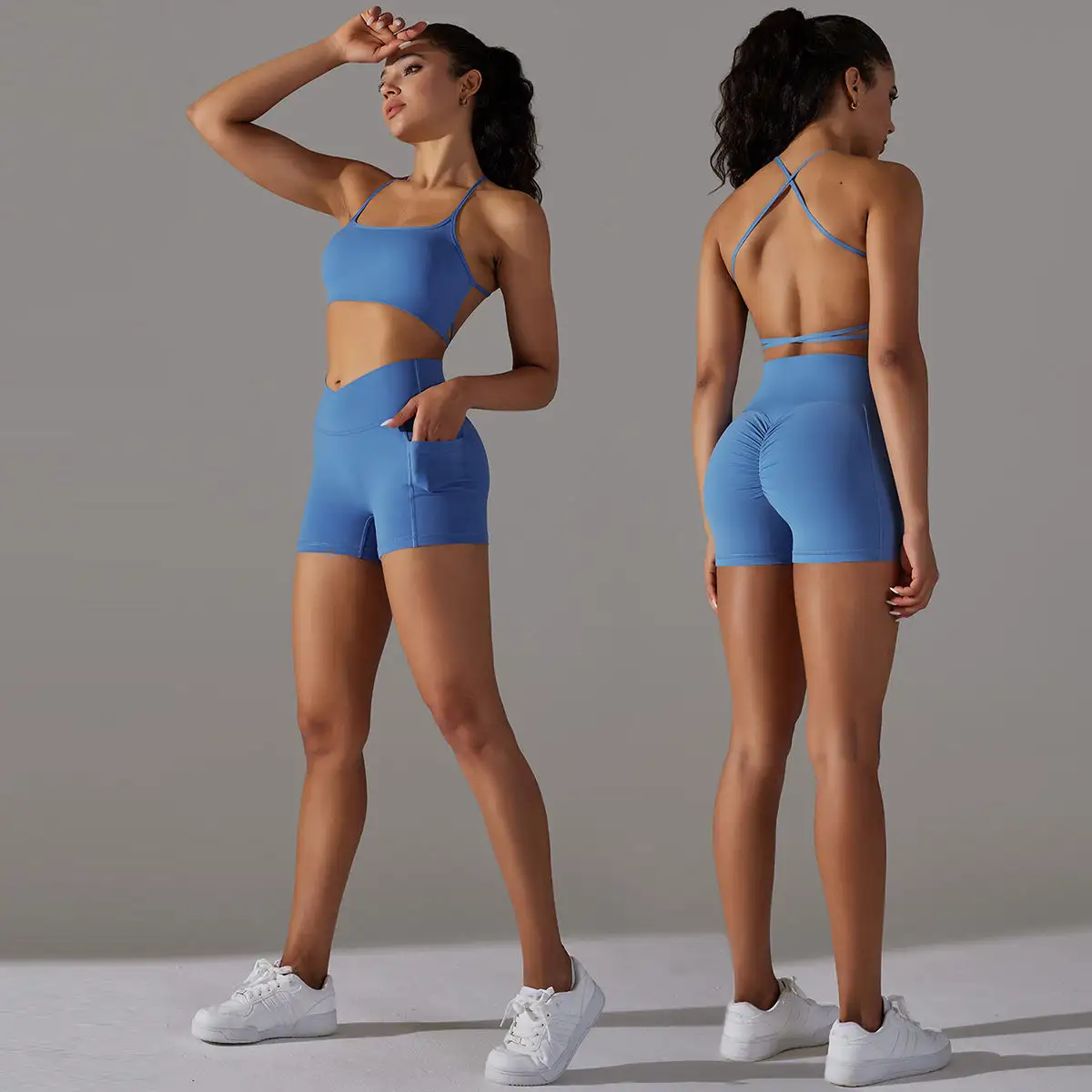 Shorts con marchio privato per reggiseno sportivo 2 pezzi Set da donna con pantaloncini da allenamento con pantaloncini da allenamento Sexy con tasche