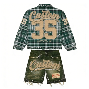 Completo da Uomo YYSY Streetwear: <span class=keywords><strong>Camicia</strong></span> a Maniche Lunghe con Strass e <span class=keywords><strong>Jeans</strong></span> Corti a Quadri in Cotone - Set Due Pezzi - Product Image 5