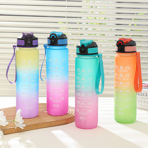 Summer Gradient Frosted <b>Flip</b> <b>Top</b> Sports Water <b>Bottle</b> 1000ml Portable With Straw For Women Men Students - Product Image 2