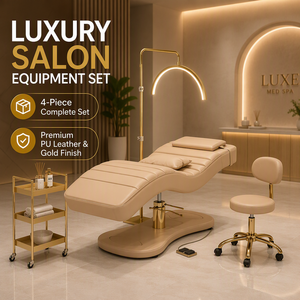 Luxury 4-Piece Salon Equipment Set Beige PU Leather S-Curve Treatment Bed LED Arch Lamp Technician <b>Stool</b> Utility Trolley Gold - Product Image 6
