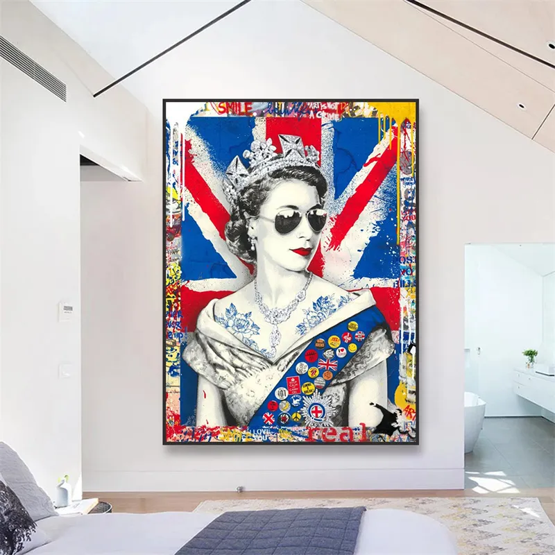 घर की सजावट के प्रसिद्ध चित्र इंग्लैंड की रानी के साथ धूप का चश्मा भित्तिचित्र चित्रकारी दीवार भित्तिचित्र पोस्टर कैनवास पॉप स्ट्रीट कला